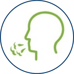 Green icon of a person exhaling in a blue circle