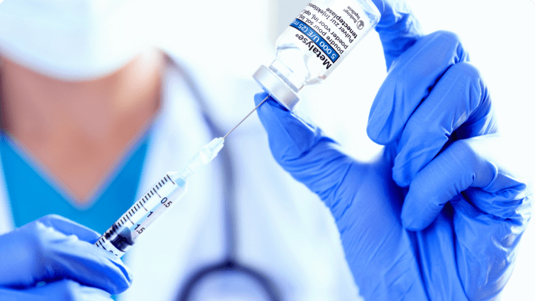 Needle entering stopper of Metalyse® 25 mg (tenecteplase) vial