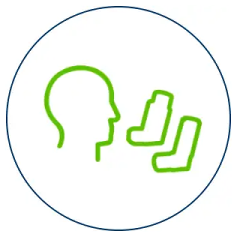 Green icon of a head and two inhalers in a blue circle