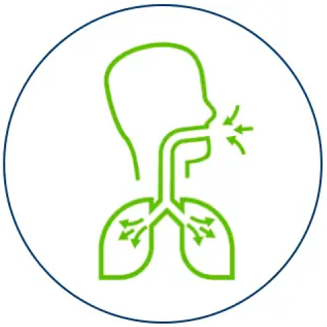 Green icon depicting inhalation in a blue circle