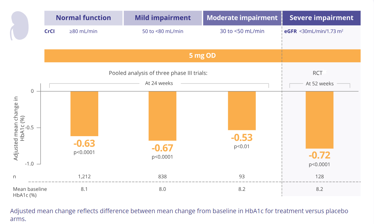 Infographic chart of TRAJENTA® (linagliptin) changes in glycaemic control by renal function
