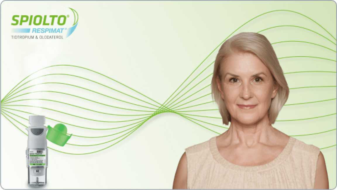 SPIOLTO (tiotropium + olodaterol) Respimat inhaler device with cap removed while releasing solution into the air plus logo and female patient