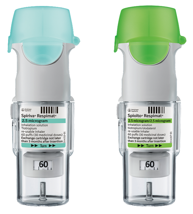 SPIOLTO Respimat (tiotropium + olodaterol) inhaler with cartridge and green lid, and SPIRIVA Respimat (tiotropium) inhaler with cartridge and blue lid